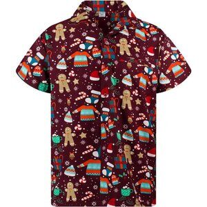 Men's Ugly Funky Short-Sleeve Button-Up Ginger Bread Print Christmas Shirts